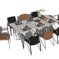 Modern Dining Table Set With Brown Black Chairs Marble Top And Tableware Fruits Green Plant