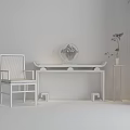 Modern Chinese Console Table With Circular Stone Ornament Wooden Chair And Small Potted Plant