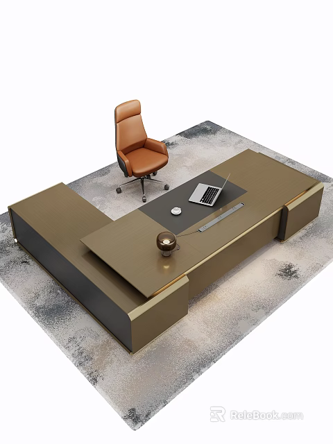 Modern Brown Office Desk And Chair Set With Laptop Mouse And Lamp On Rug 3d model 