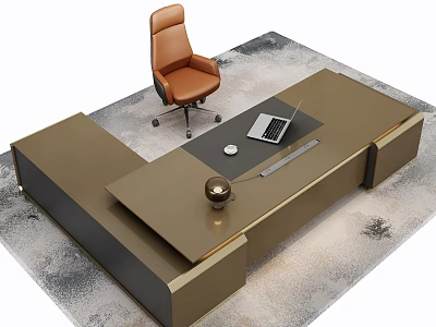 Modern Brown Office Desk And Chair Set With Laptop Mouse And Lamp On Rug 3d model