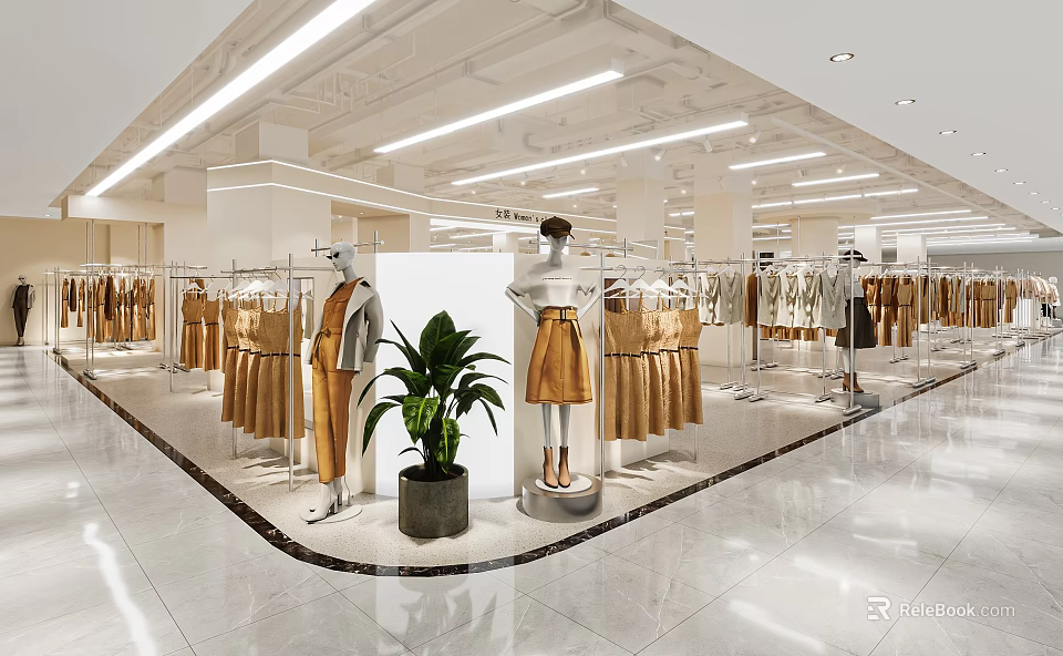Bright Spacious Modern Women Clothing Store Interior With Neat Garment Racks And Stylish Mannequins 3d model 