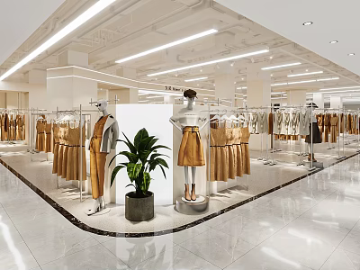 Bright Spacious Modern Women Clothing Store Interior With Neat Garment Racks And Stylish Mannequins 3d model