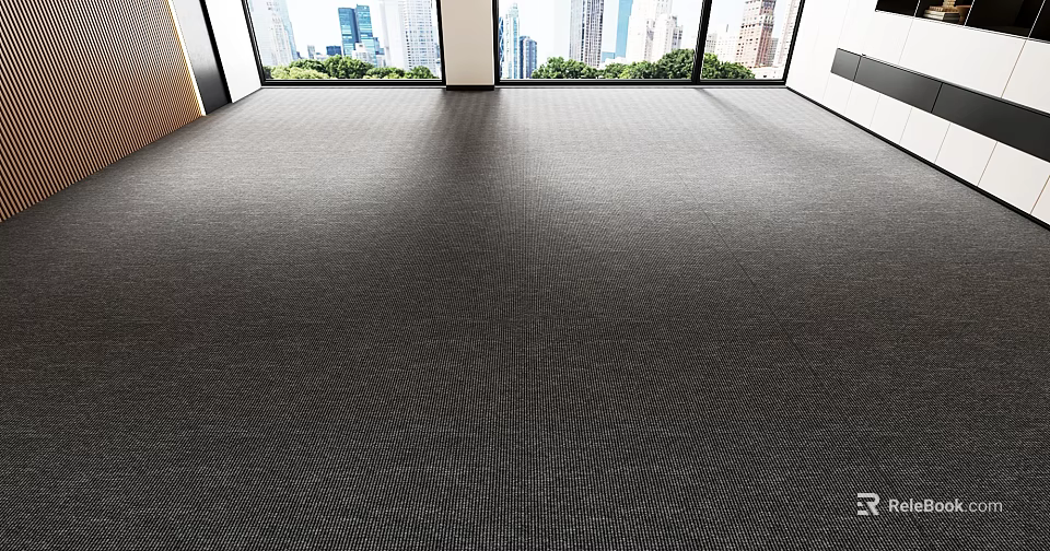 Spacious Interior Room With Gray Carpet Large Windows And City View 3d model