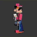 Pixel Style Character With Pink Hat Blue Overalls Holding Game Cartridge