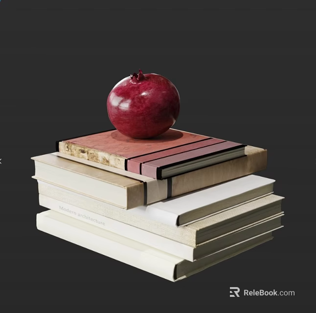 Still Life Stack of Assorted Books Topped with Bright Red Pomegranate 3d model 