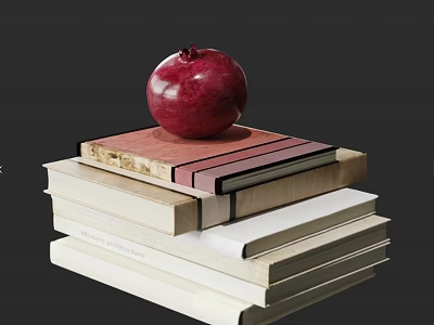 Still Life Stack of Assorted Books Topped with Bright Red Pomegranate 3d model