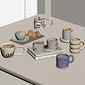 Various Coffee Mugs With Cookies On White Table And Book Background 3d model