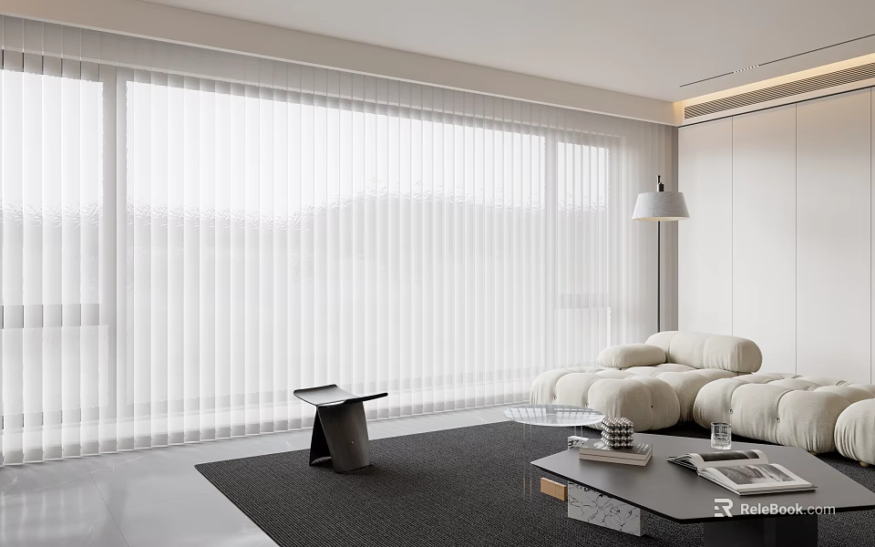 Modern Living Room With White Venetian Blinds On Large Window And Comfortable Sofa 3d model 