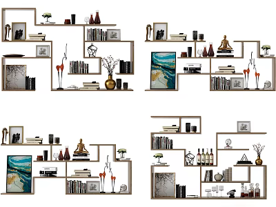 Stylish Modern Bookcase with Books Decorations Vases Sculptures Picture Frames and Wine Glasses 3d model