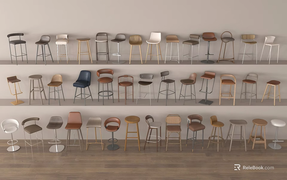 Diverse Bar Stools Display Featuring Multiple Styles Materials and Color Options 3d model