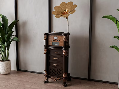 Vintage Gramophone On Dark Wooden Carved Cabinet With Green Plants And Textured Gray Wall 3d model