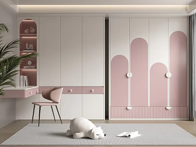 Modern Pink And White Wardrobe With Arched Panels And Drawers In Kids Room Interior 3d model