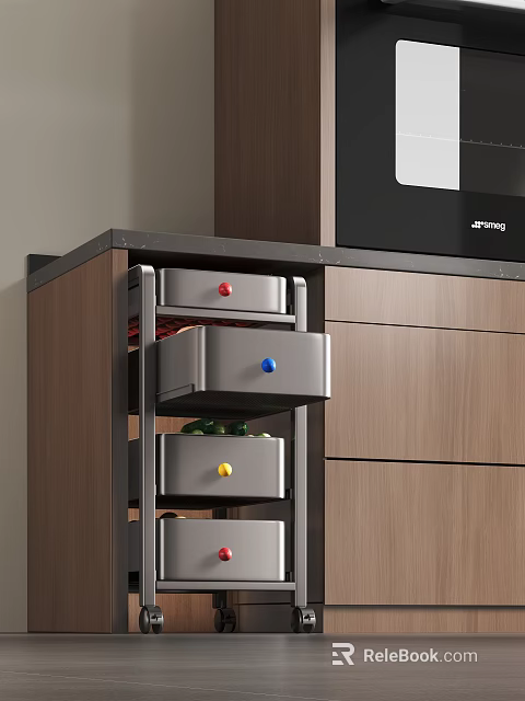 Colorful Fresh Fruits Stored in Wooden Kitchen Cabinet with Colored Drawer Knobs 3d model 
