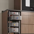 Colorful Fresh Fruits Stored in Wooden Kitchen Cabinet with Colored Drawer Knobs