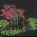 Stone and Wood Garden Decoration With Red Tree Green Shrubs and Natural Rocks