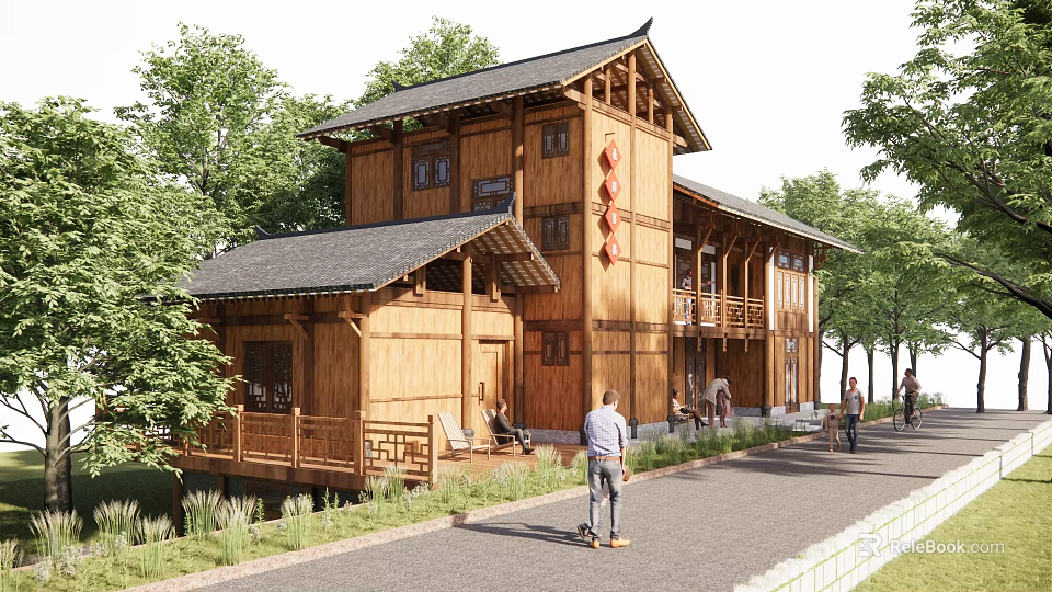 Traditional Two Story Wooden House With Veranda Surrounded by Trees and Wooden Structure 3d model 