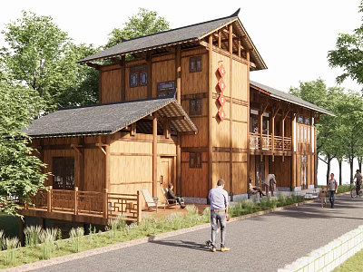 Traditional Two Story Wooden House With Veranda Surrounded by Trees and Wooden Structure 3d model