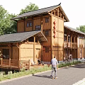 Traditional Two Story Wooden House With Veranda Surrounded by Trees and Wooden Structure
