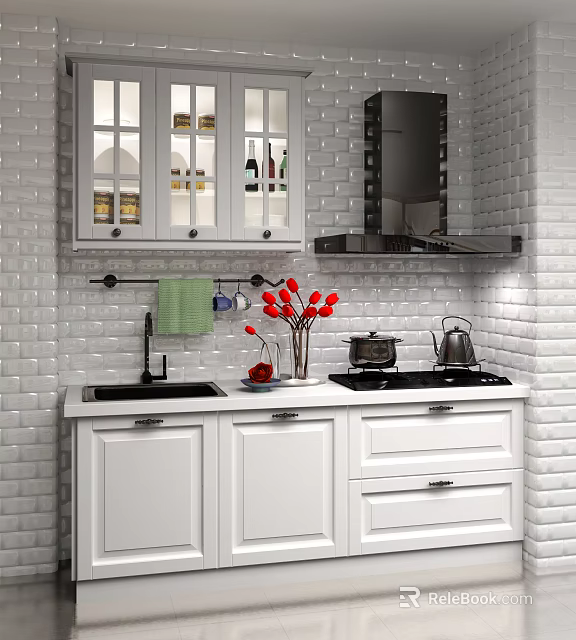 White Kitchen Cabinets With Sink And Red Tulips On White Brick Wall 3d model 