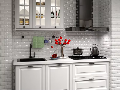White Kitchen Cabinets With Sink And Red Tulips On White Brick Wall 3d model
