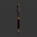Ornate Axe Weapon with Wing Shaped Blades Red Black Patterns and Wooden Handle