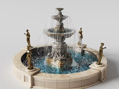 Garden Ornament Tiered Fountain With Gold Statues And Flowing Water Stone Base 3d model