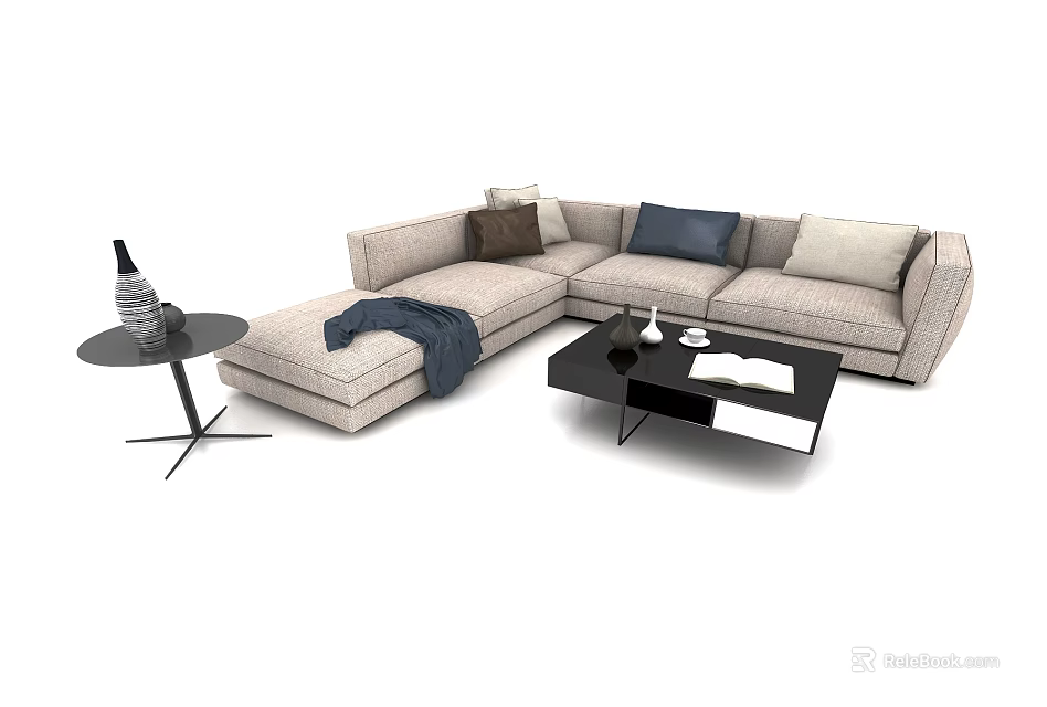 Modern Sectional Sofa With Plush Cushions Throw Blanket And Black Coffee Table 3d model
