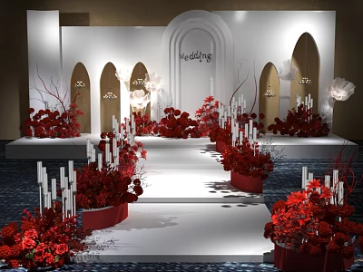 Wedding Banquet Hall With Red Flower Arrangements White Stage And Arched Designs 3d model