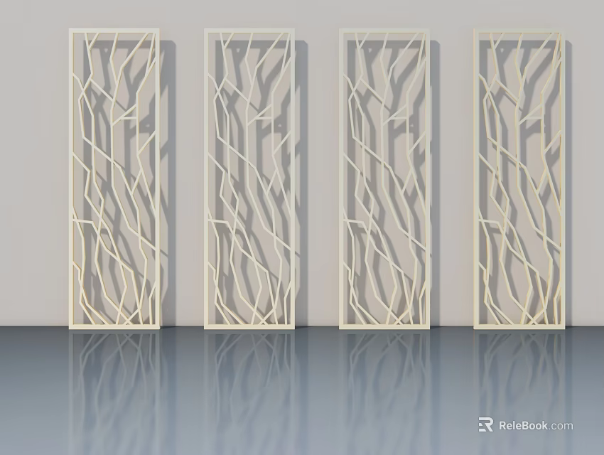 Four White Modern Hinged Doors With Branch Like Openwork Interior Design 3d model