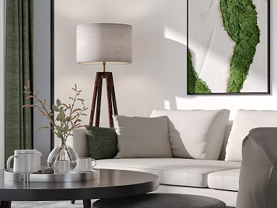 Stylish Sofa And Coffee Table Set With Throw Pillows Floor Lamp Green Curtains And Vase 3d model