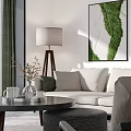 Stylish Sofa And Coffee Table Set With Throw Pillows Floor Lamp Green Curtains And Vase