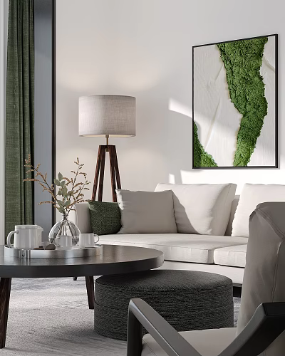 Stylish Sofa And Coffee Table Set With Throw Pillows Floor Lamp Green Curtains And Vase 3d model