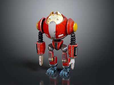 Red Mechanical Robot Character With Yellow Shoulders And Blue Feet Design 3d model