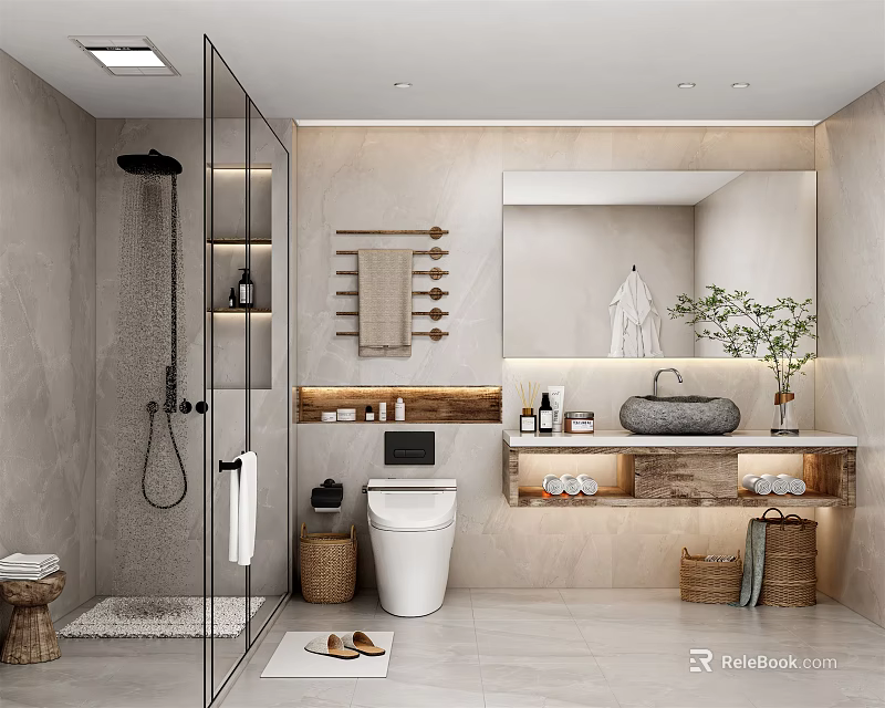 Modern Bathroom Interior Design With Glass Shower Wooden Shelves Stone Countertop And Mirror 3d model 