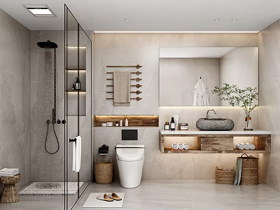 Modern Bathroom Interior Design With Glass Shower Wooden Shelves Stone Countertop And Mirror 3d model