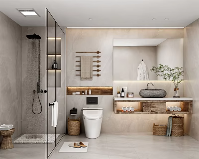 Modern Bathroom Interior Design With Glass Shower Wooden Shelves Stone Countertop And Mirror 3d model