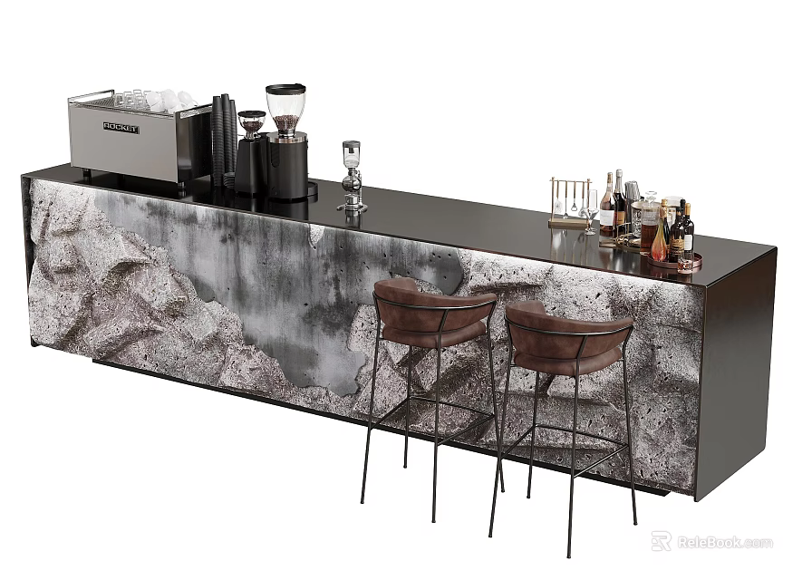 Stylish Bar Counter With Stone Pattern Surface And Brown Leather Bar Stools Featuring Coffee Machine 3d model 