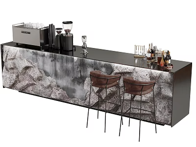 Stylish Bar Counter With Stone Pattern Surface And Brown Leather Bar Stools Featuring Coffee Machine 3d model