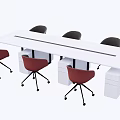 Modern Office Desk With Five Red Chairs Long Rectangular Design And Storage Drawers 3d model