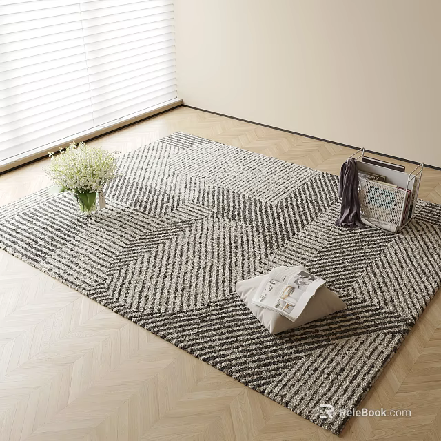Black and White Geometric Pattern Square Rug on Wooden Floor with Vase Flowers and Magazines 3d model 