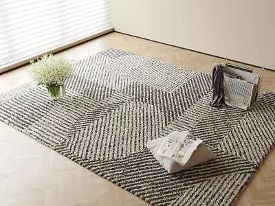 Black and White Geometric Pattern Square Rug on Wooden Floor with Vase Flowers and Magazines 3d model