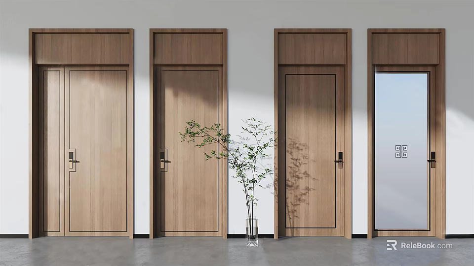 Wooden Hinged Doors With Potted Green Plant On White Wall And Gray Floor 3d model 