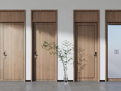 Wooden Hinged Doors With Potted Green Plant On White Wall And Gray Floor 3d model