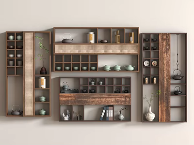 Wooden Multi Tiered Storage Shelf With Tea Sets Books And Decorative Vase 3d model