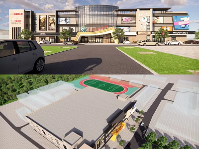 Modern Commercial Complex With Glass Facade Parking Areas And Basketball Court 3d model