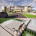 Modern Commercial Complex With Glass Facade Parking Areas And Basketball Court