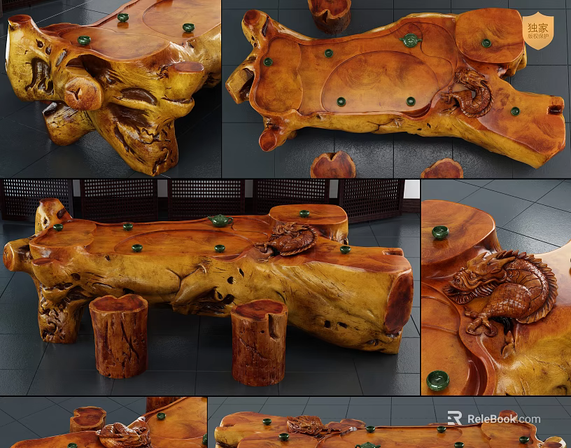 Root Carving Tea Table Dragon Carving Details Natural Root Shape Hand Carved Wooden Design 3d model 