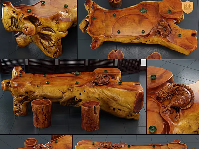Root Carving Tea Table Dragon Carving Details Natural Root Shape Hand Carved Wooden Design 3d model