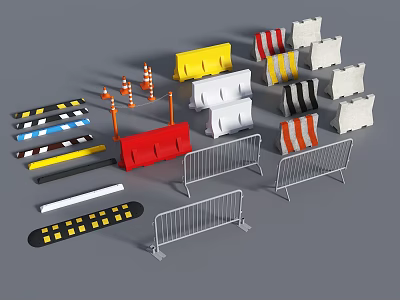 Various Roadside Facilities With Guardrails Traffic Cones Road Barriers And Speed Bumps 3d model