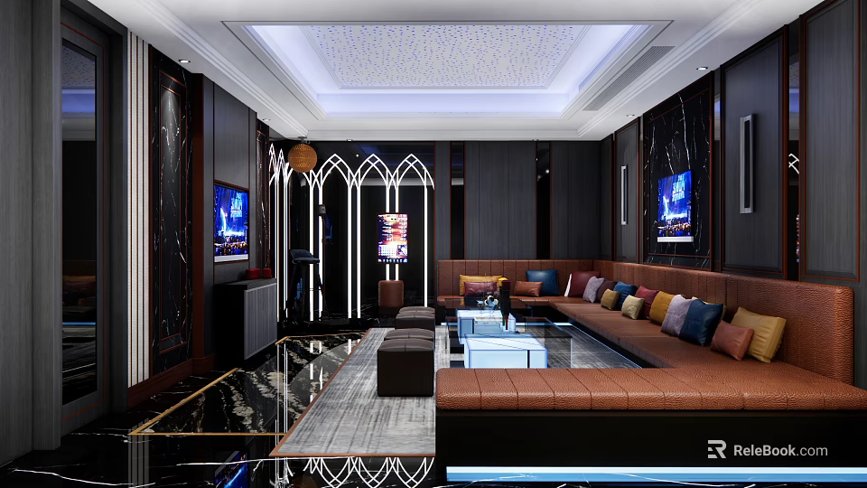 Modern Luxury KTV Lounge Interior Design With Comfortable Sofa LED TV Screens And Elegant Lighting 3d model 